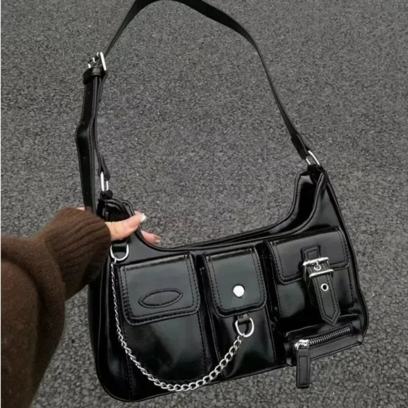 Y2K Korean Women Harajuku Vintage Gothic Black Hand Bag Aesthetic Elegant Punk Wallet Purse Handbags Shoulder Trend Tote Bags