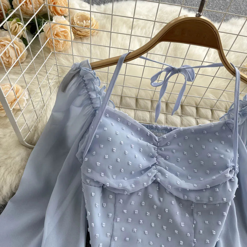 SINGREINY Polka Dot Folds Short Blouse Summer Slash Neck Long Sleeve Women Tie Halter Elastic Waist Fashion French Beach Top