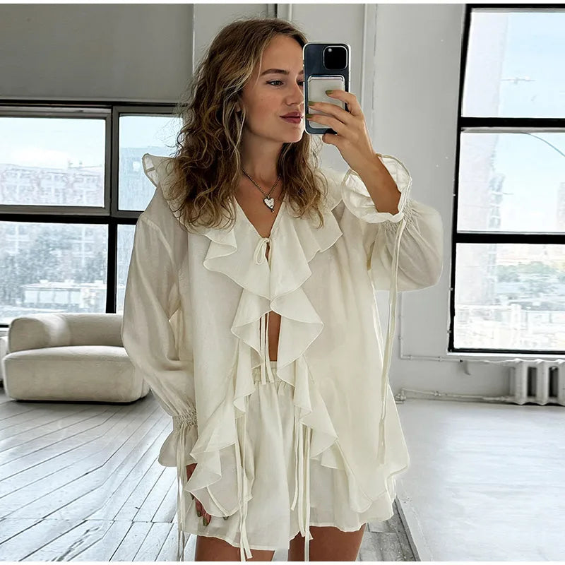 Fashion Solid Women 2 Piece Set Casual Flare Sleeve Lotus Leaf Edge Lace Up Mesh Sheer Shorts Suit 2025 New Lady Commute Outfit
