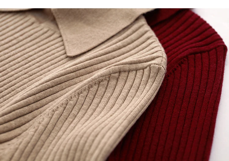 Amii Minimalism 2024 Sweater for Women Autumn New Office Lady Basic Lapel Striped Slim Knitted Tops Solid Trendy Blouse 12444058