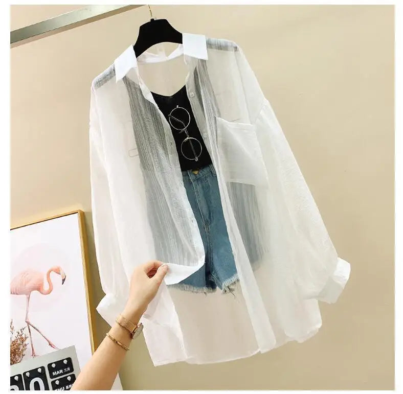 Summer sunscreen chiffon blouse Korean Harajuku style loose casual women's cardigan elegantly perforated top sheer fashionable