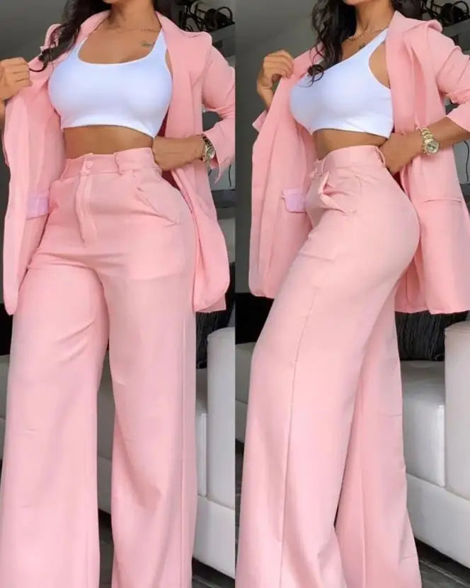 Women's Urban Suits 2025 Spring/Summer Latest Elegant Notched Collar Blazer Long sleeved Coat&Pocket Design Button Pants Set