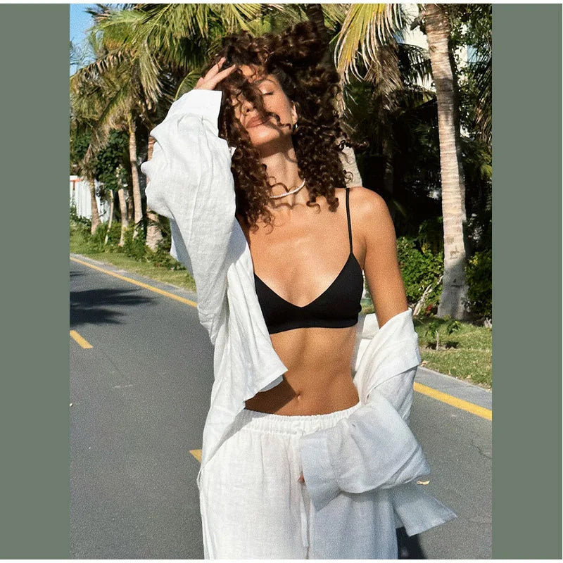 Women Classic Solid Wide Leg Pants Suits Summer Fashion V-neck One Button Loose Blouse Sets Casual Female Daily Streetwear 2025