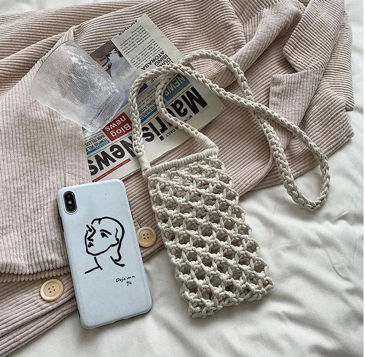 Women Fashion Small Crossbody Phone Bag Solid Color Hollow-out Woven Crochet Lightweight Braided Shoulder Handbag Crossbody Bags