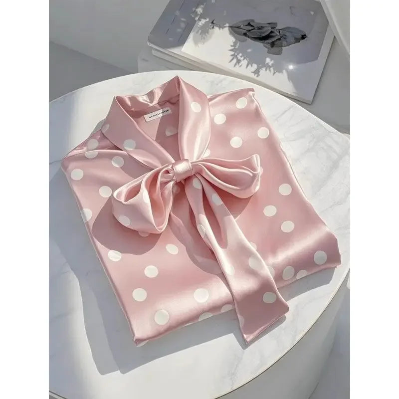 Women High Quality Satin Polka Dot Print Shirt Office Lady Business Casual Elegant Chic Blouse Lace-up Bow Long Sleeve Loose Top