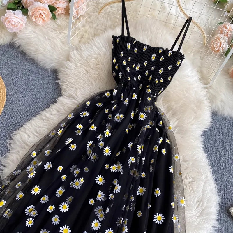 YuooMuoo Women Dress 2025 New Korean Fashion Floral Print Spaghetti Straps Mesh Party Dress Vacation Style Lady Beach Vestidos