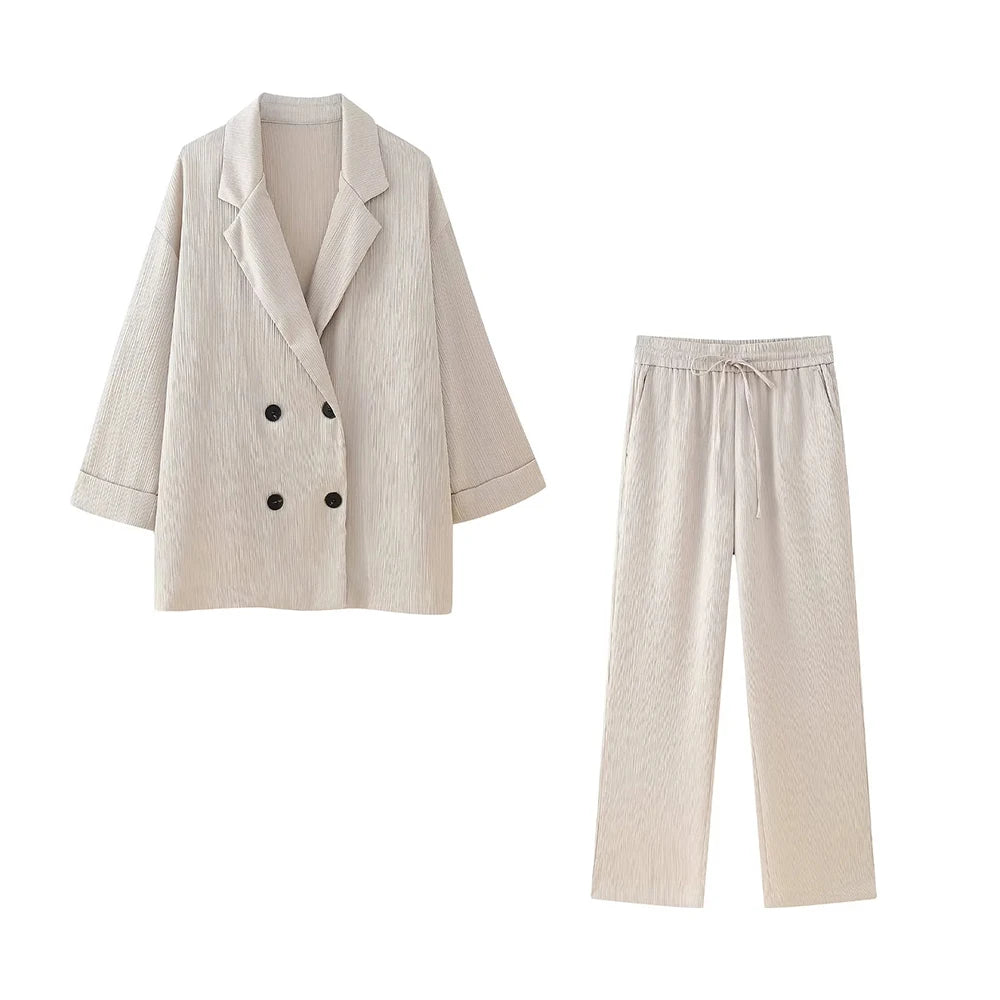 TRZA-Women's Double-Breasted Loose Blazer Coat and High Elastic Waist Wide Leg Pants, Female Two Piece Sets, Fashion