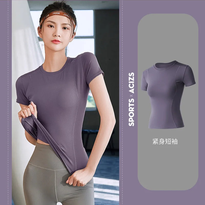 2024 Women's Sports Fitness Clothing Slim Running Sweat Absorbing Skinny Yoga Clothes Quick Drying Clothes Short Sleeved T-shirt