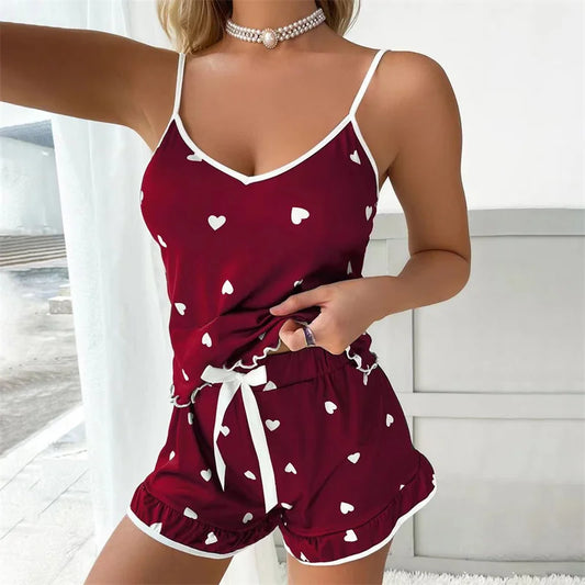 2024 Summer Pajama Set Large Size Vest Shorts Women's Suspenders Soft Casual Cute Printed Women pajamas set