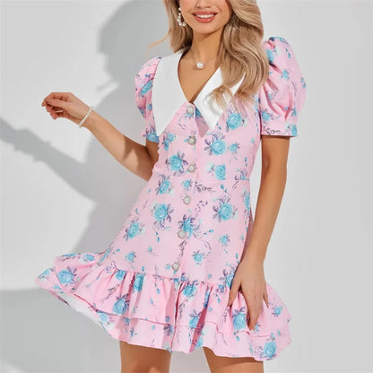 Tornova Print Puff Sleeves Ruffled Dress Women's V-Neck High Waist Pearl Buttons Mini Dress Female Casual Vacation Fashion Dress