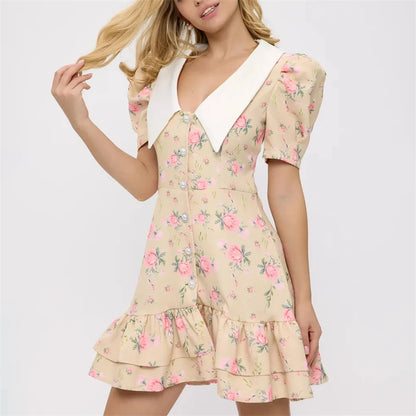 Tornova Print Puff Sleeves Ruffled Dress Women's V-Neck High Waist Pearl Buttons Mini Dress Female Casual Vacation Fashion Dress
