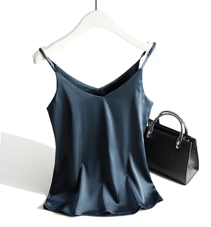 AOSSVIAO 2025 Spaghetti Strap Top Women Halter V Neck Basic White Cami Sleeveless Satin Silk Tank Tops Women'S Summer Camisole