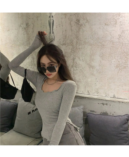 Long Sleeve T-shirts Women Fungus Line Irregular Hem Knitted Slender Autumn Bottoming Tees Chic Fashion Sexy Solid Ulzzang New