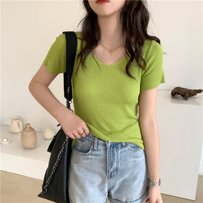 AOSSVIAO 2025 Basic V-neck Solid Thin Summer Pullover Women Female Knitted Ribbed Sweater Slim Short Sleeve Bodycon Sweater