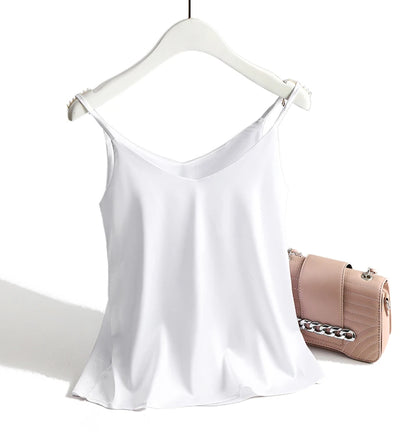 AOSSVIAO 2025 Spaghetti Strap Top Women Halter V Neck Basic White Cami Sleeveless Satin Silk Tank Tops Women'S Summer Camisole