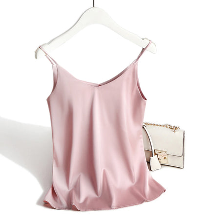 AOSSVIAO 2025 Spaghetti Strap Top Women Halter V Neck Basic White Cami Sleeveless Satin Silk Tank Tops Women'S Summer Camisole
