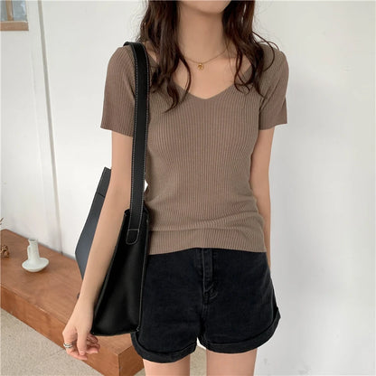 AOSSVIAO 2025 Basic V-neck Solid Thin Summer Pullover Women Female Knitted Ribbed Sweater Slim Short Sleeve Bodycon Sweater
