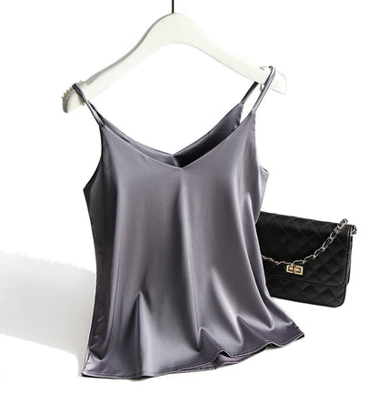 AOSSVIAO 2025 Spaghetti Strap Top Women Halter V Neck Basic White Cami Sleeveless Satin Silk Tank Tops Women'S Summer Camisole