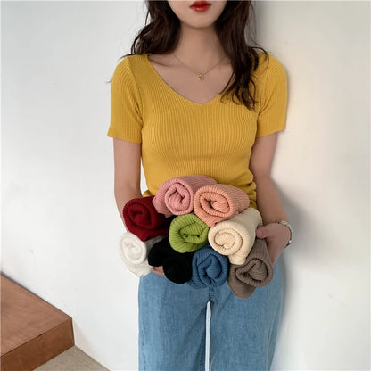 AOSSVIAO 2025 Basic V-neck Solid Thin Summer Pullover Women Female Knitted Ribbed Sweater Slim Short Sleeve Bodycon Sweater