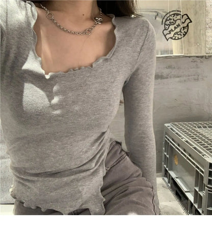 Long Sleeve T-shirts Women Fungus Line Irregular Hem Knitted Slender Autumn Bottoming Tees Chic Fashion Sexy Solid Ulzzang New