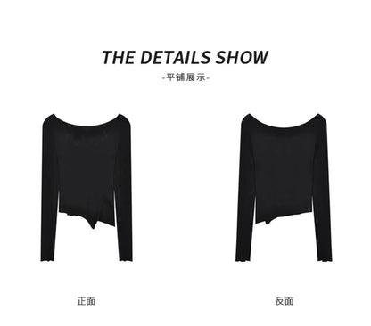 Long Sleeve T-shirts Women Fungus Line Irregular Hem Knitted Slender Autumn Bottoming Tees Chic Fashion Sexy Solid Ulzzang New