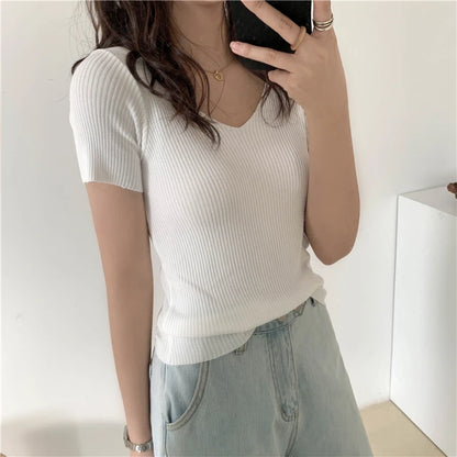 AOSSVIAO 2025 Basic V-neck Solid Thin Summer Pullover Women Female Knitted Ribbed Sweater Slim Short Sleeve Bodycon Sweater