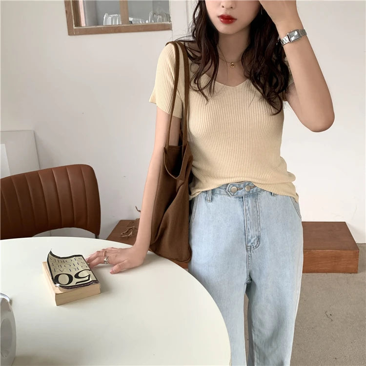 AOSSVIAO 2025 Basic V-neck Solid Thin Summer Pullover Women Female Knitted Ribbed Sweater Slim Short Sleeve Bodycon Sweater