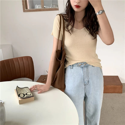 AOSSVIAO 2025 Basic V-neck Solid Thin Summer Pullover Women Female Knitted Ribbed Sweater Slim Short Sleeve Bodycon Sweater