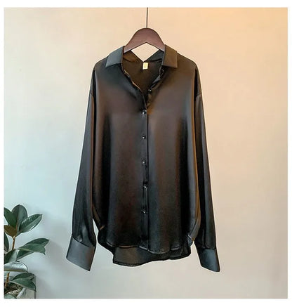 Elegant Satin Loose Women Shirt Spring Turn-down Collar Ladies Blouse Autumn Vintage Casual Button Silk Tops