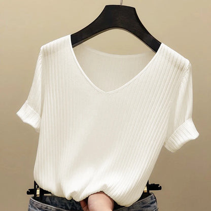 Knitted short sleeve Women V-Neck T Shirts 2025 Blue Slim Black thin knit Orange Tops Ladies Summer Camiseta Summer T shirts