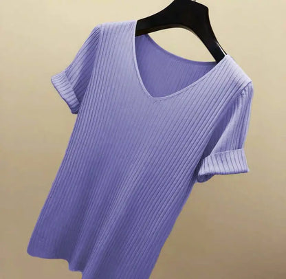Knitted short sleeve Women V-Neck T Shirts 2025 Blue Slim Black thin knit Orange Tops Ladies Summer Camiseta Summer T shirts