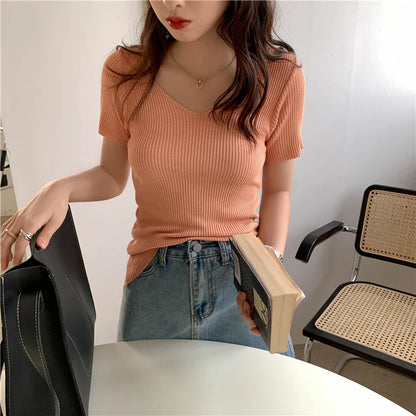AOSSVIAO 2025 Basic V-neck Solid Thin Summer Pullover Women Female Knitted Ribbed Sweater Slim Short Sleeve Bodycon Sweater