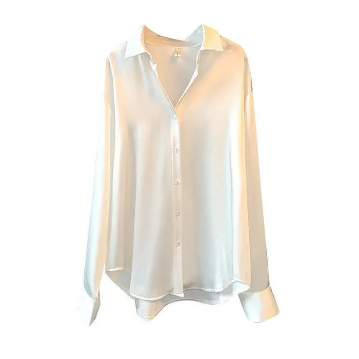 Elegant Satin Loose Women Shirt Spring Turn-down Collar Ladies Blouse Autumn Vintage Casual Button Silk Tops