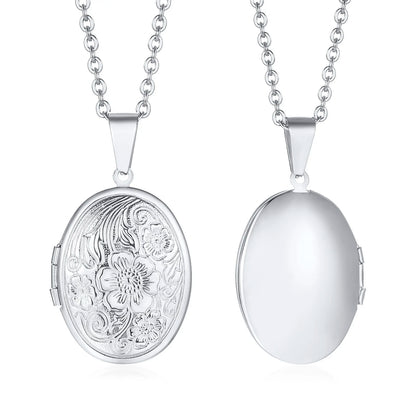 Delicate Floral Oval Heart Locket Pendant Necklaces for Women,Stainless Steel Photo Frame Promise Love Keepsake Gift
