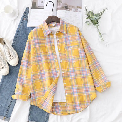 2025 New Fashion Loose Womens Plaid Shirt Fresh College Style Design Blouses And Tops Long Sleeve Casual Female Checked Clothes