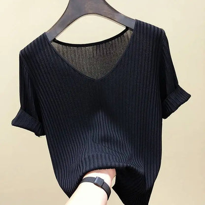 Knitted short sleeve Women V-Neck T Shirts 2025 Blue Slim Black thin knit Orange Tops Ladies Summer Camiseta Summer T shirts