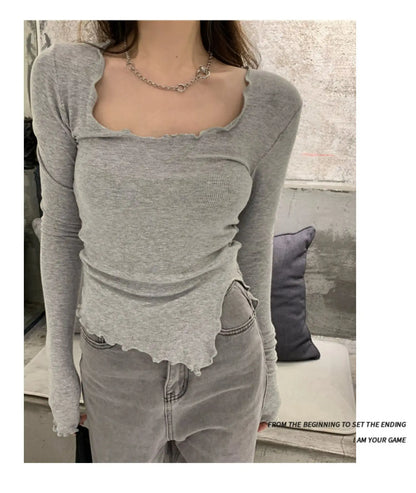 Long Sleeve T-shirts Women Fungus Line Irregular Hem Knitted Slender Autumn Bottoming Tees Chic Fashion Sexy Solid Ulzzang New