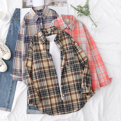 2025 New Fashion Loose Womens Plaid Shirt Fresh College Style Design Blouses And Tops Long Sleeve Casual Female Checked Clothes