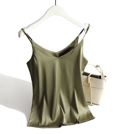 AOSSVIAO 2025 Spaghetti Strap Top Women Halter V Neck Basic White Cami Sleeveless Satin Silk Tank Tops Women'S Summer Camisole