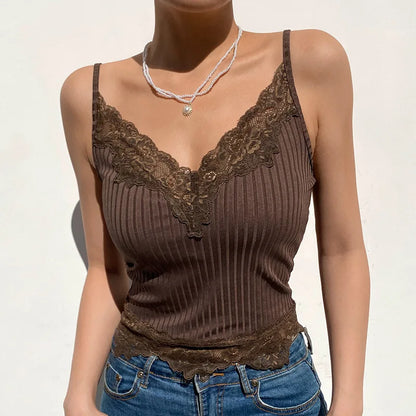 Gothic Basic Bodycon Women Camis Grunge Punk Black Casual Lace Trim Crop Tops Ribbed Backless Alt Clothes Summer