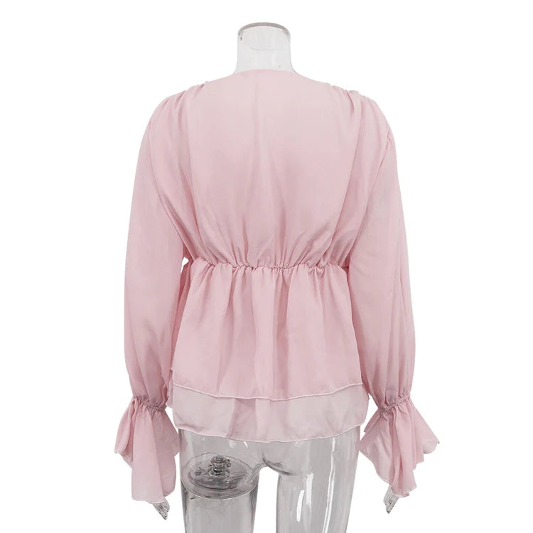 Lace-Up Ruffle Trendy 2025 Elegant Ladies Casual Fashionable Clothing Pink Summer Blouse Femme Women Tops And Blouses