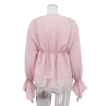 Lace-Up Ruffle Trendy 2025 Elegant Ladies Casual Fashionable Clothing Pink Summer Blouse Femme Women Tops And Blouses