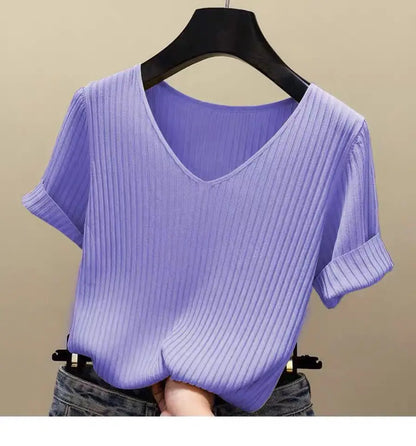 Knitted short sleeve Women V-Neck T Shirts 2025 Blue Slim Black thin knit Orange Tops Ladies Summer Camiseta Summer T shirts