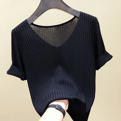 Knitted short sleeve Women V-Neck T Shirts 2025 Blue Slim Black thin knit Orange Tops Ladies Summer Camiseta Summer T shirts
