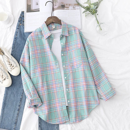 2025 New Fashion Loose Womens Plaid Shirt Fresh College Style Design Blouses And Tops Long Sleeve Casual Female Checked Clothes