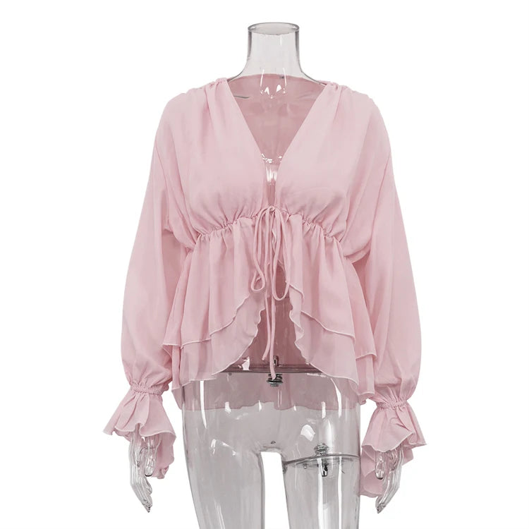 Lace-Up Ruffle Trendy 2025 Elegant Ladies Casual Fashionable Clothing Pink Summer Blouse Femme Women Tops And Blouses