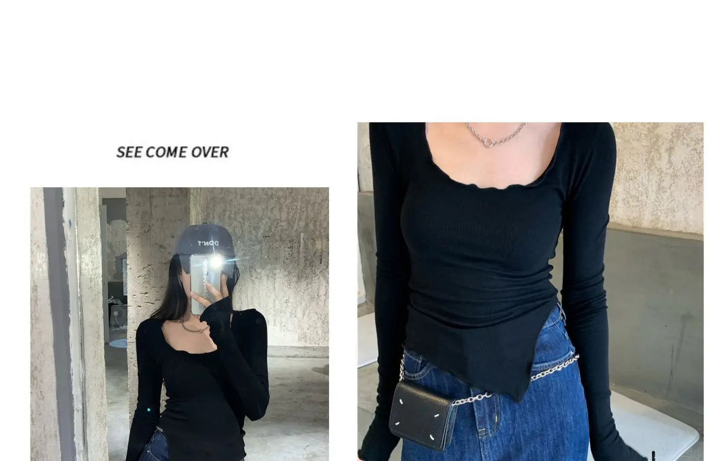 Long Sleeve T-shirts Women Fungus Line Irregular Hem Knitted Slender Autumn Bottoming Tees Chic Fashion Sexy Solid Ulzzang New