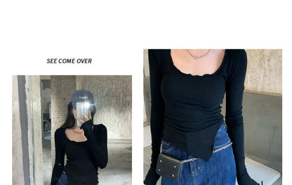 Long Sleeve T-shirts Women Fungus Line Irregular Hem Knitted Slender Autumn Bottoming Tees Chic Fashion Sexy Solid Ulzzang New
