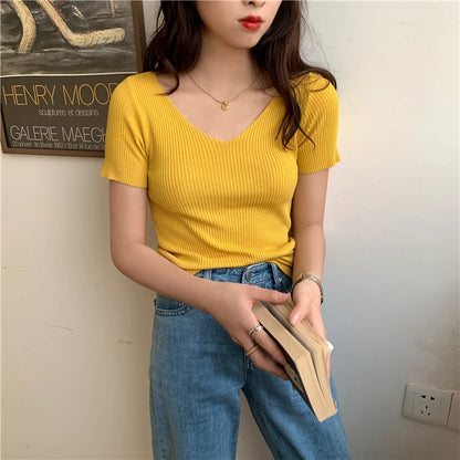 AOSSVIAO 2025 Basic V-neck Solid Thin Summer Pullover Women Female Knitted Ribbed Sweater Slim Short Sleeve Bodycon Sweater