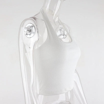 White Halter Sexy Backless Tank Tops for Women Streetwear 2024 Sleeveless Ribbed Knit Vest Top Cropped Feminino